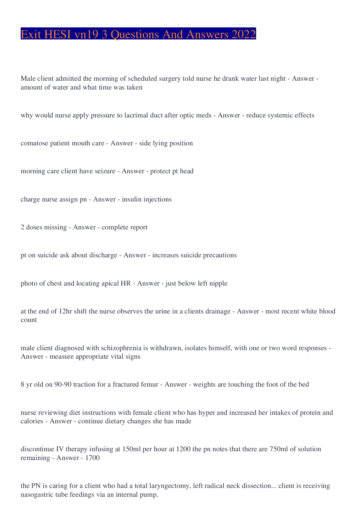 Preview image for Exit HESI vn19 3 Questions And Answers 2022